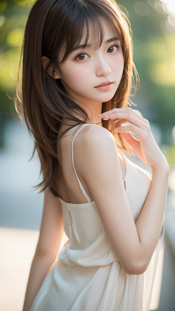 masterpiece, Highest quality, 8k, 1 girl, 16 years old, Miku, The right human hand, Correct human finger, Skinny Japanese woman, cute, Girlish, Delicate woman, Pure beauty, Small breasts, Very small waist, Sexy lips, bright, debt/1.8, 135mm, Canon, Anatomically correct, Bokeh, Textured skin, Professional photos, Soft Light, Professional Lighting, Backlight, debtilm grain, (Eye and facial details: 1.0), Brown Hair, Medium hair fluttering in the wind, Silk blouse,