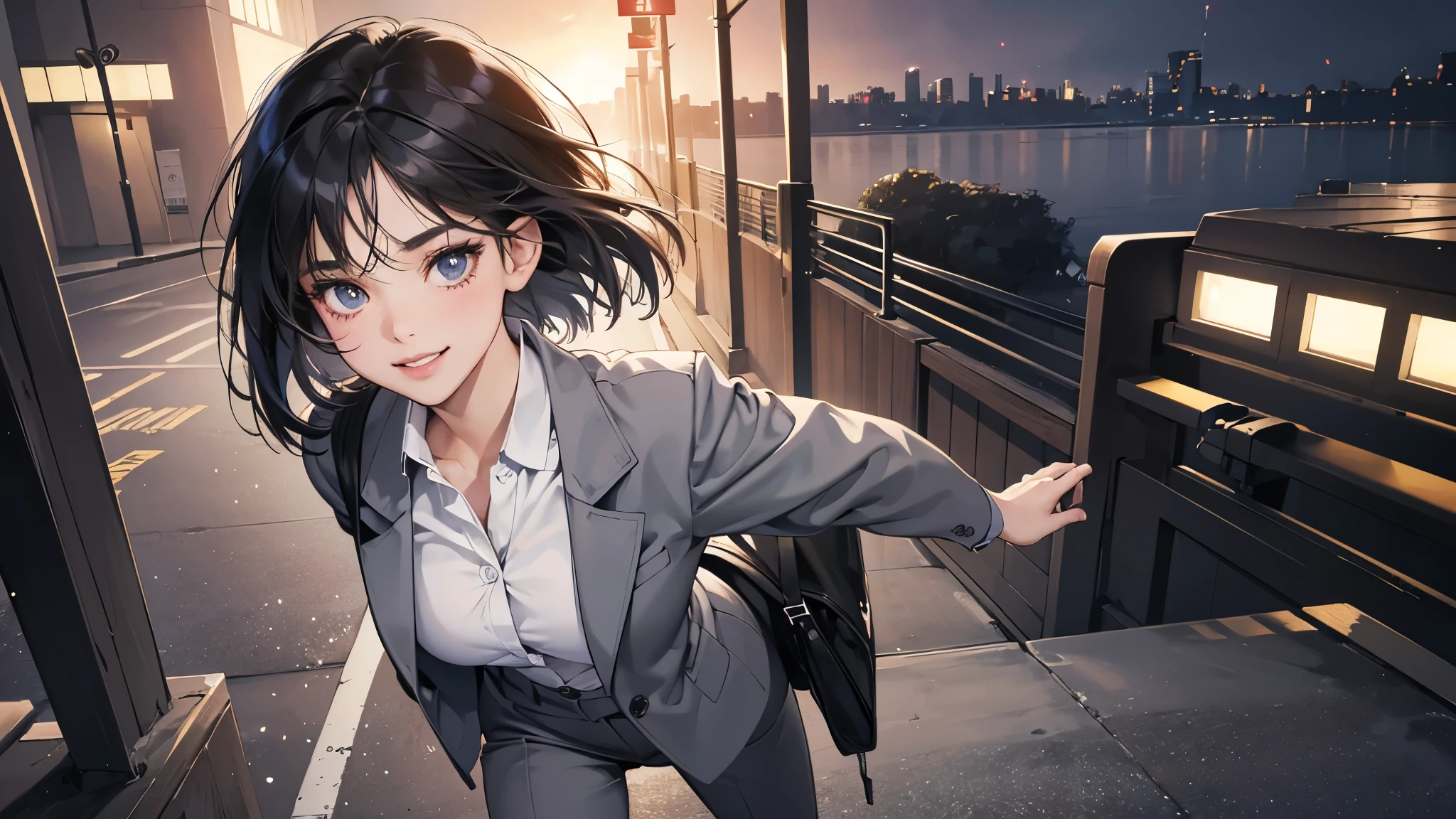 (perfect anatomy:1.2)(absurdres, highres, ultra detailed),masterpiece,best quality,high resolution,8k,Realistic face,Realistic skin texture,magnified textures, stunning clarity,detailed anime girl,(ultra detailed eyes and face),(1 girl:1.2)21years old,she is office worker,,smile:1.2,black hair, bob cut,natural make,grey jacket,grey pants,black brouse,sparkling eyes.small nose,roundface,just left the office when it was time to leave,night,bussines district,she is walking,looks happy,feeling freedom