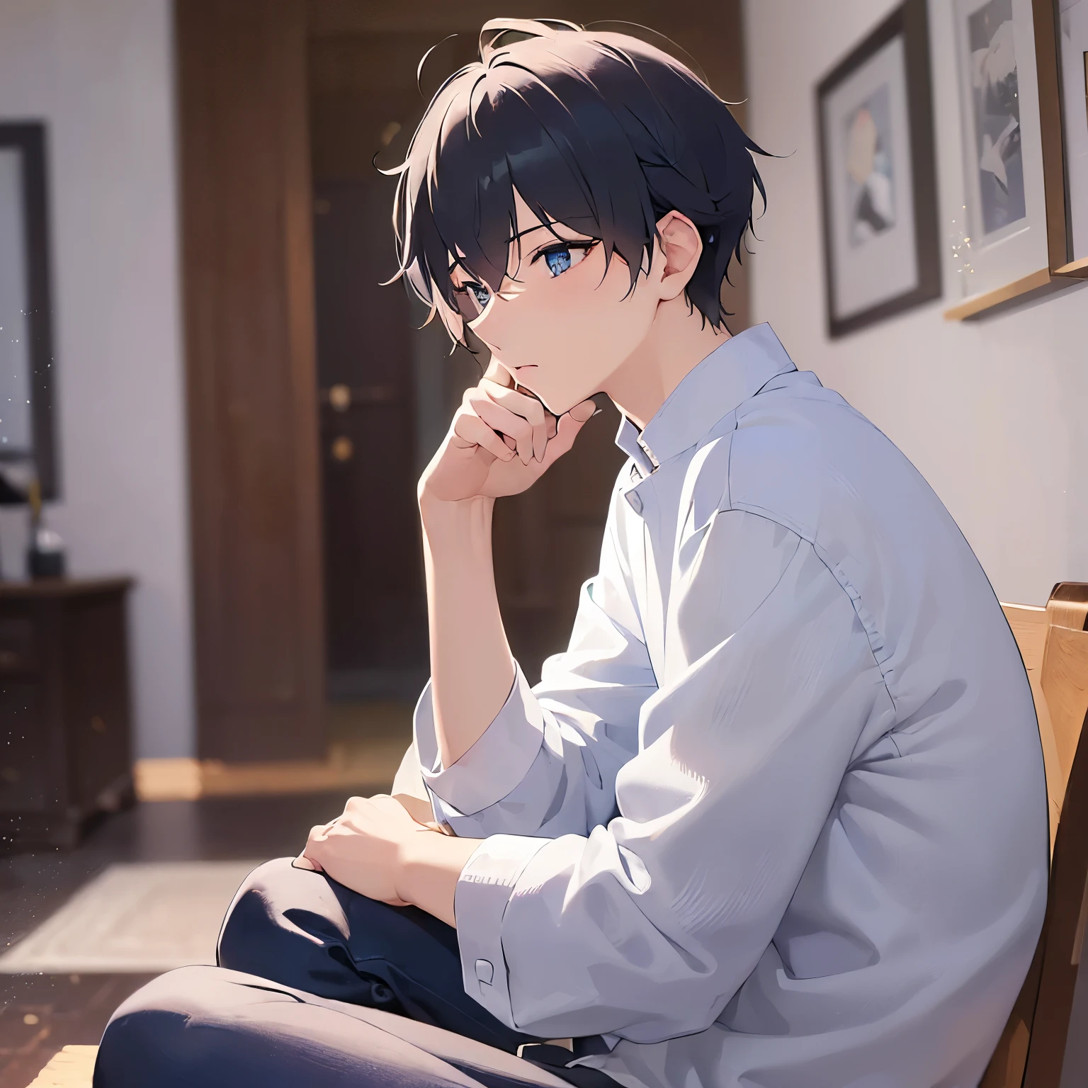 (25-year-old male:1.5) and(black短髪) and (blue eyes),
(blackTWearing a shirt)、side angle, (looking away:1.5),
masterpiece、Highest quality、hold one’s head、
Serious,blush,(alone:1.5)、The background is the living room at night、Sitting