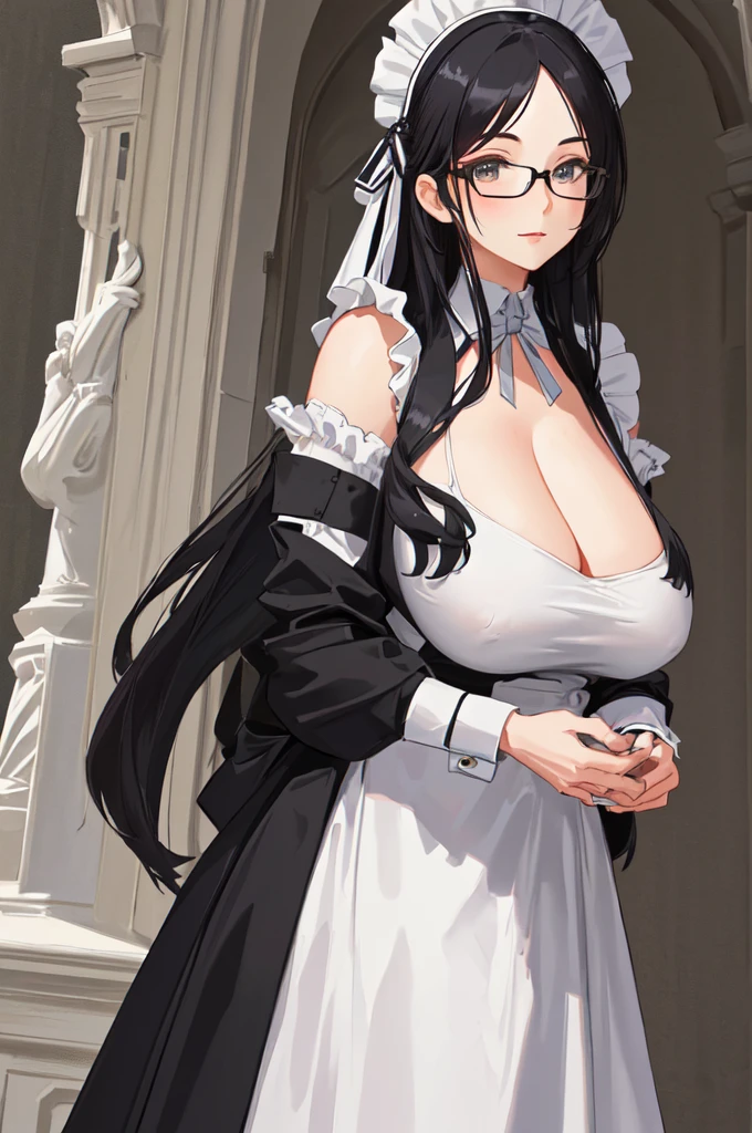 {{masterpiece}},high quality, 4K, 2D, 1 girl,{simple gray background},(attractive mature lady:1.6),milf,standing,sagging breasts,(gigantic breasts:1.5),maid,front face,{{tareme}},attractive mature lady,black hair, {from right in front of face and body},View viewers from front,{front facing shot},Wear glasses,(serious:0.1)