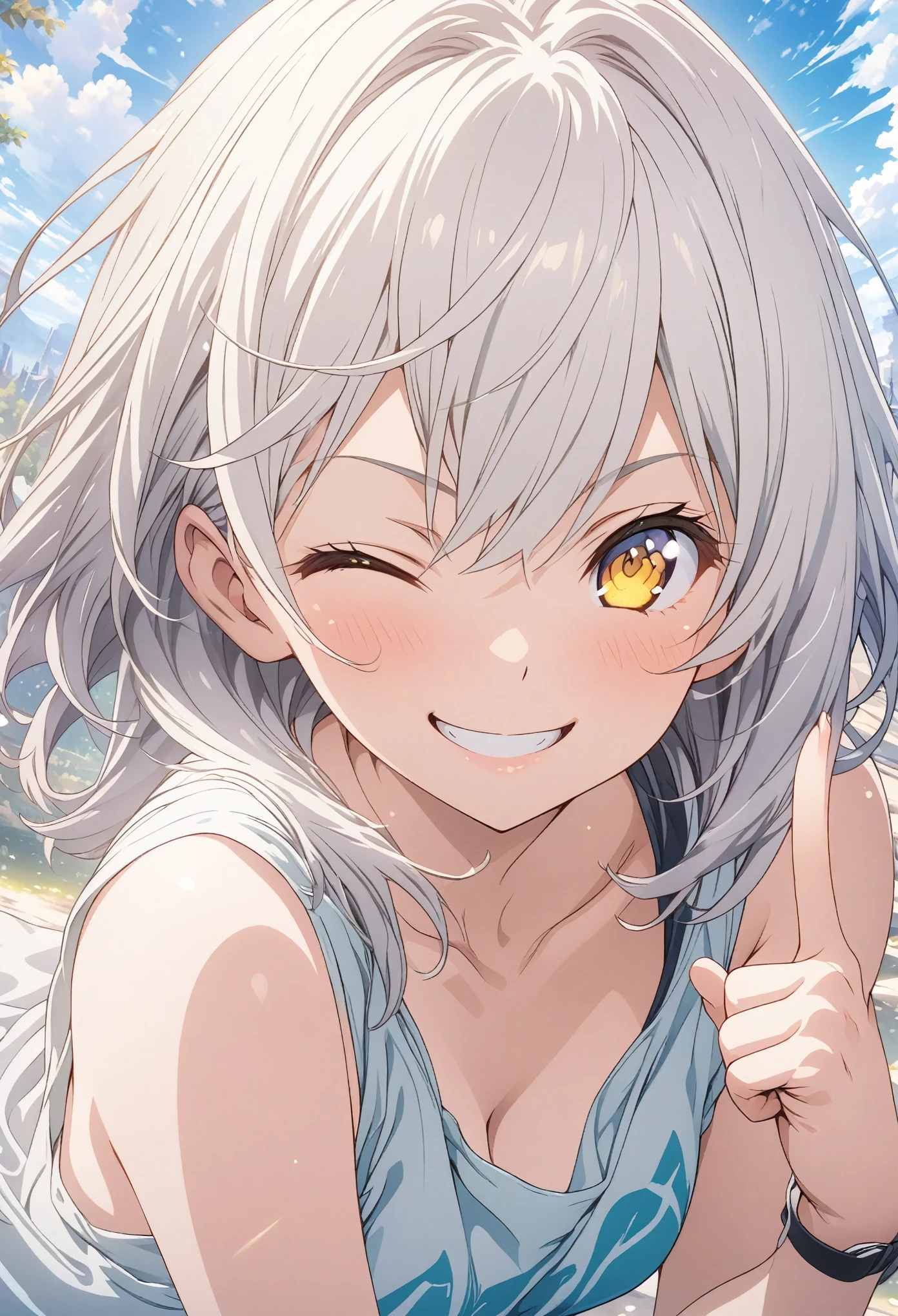 masterpiece, Highest quality, Highly detailed CG Unity 8k wallpaper, High Girl Anime Illustration. Wear an oversized tank top、Doing the finger guns pose、she has her eyes closed and mouth open, smile. The background is a light pastel colored landscape., White hair color, Yellow Eyes