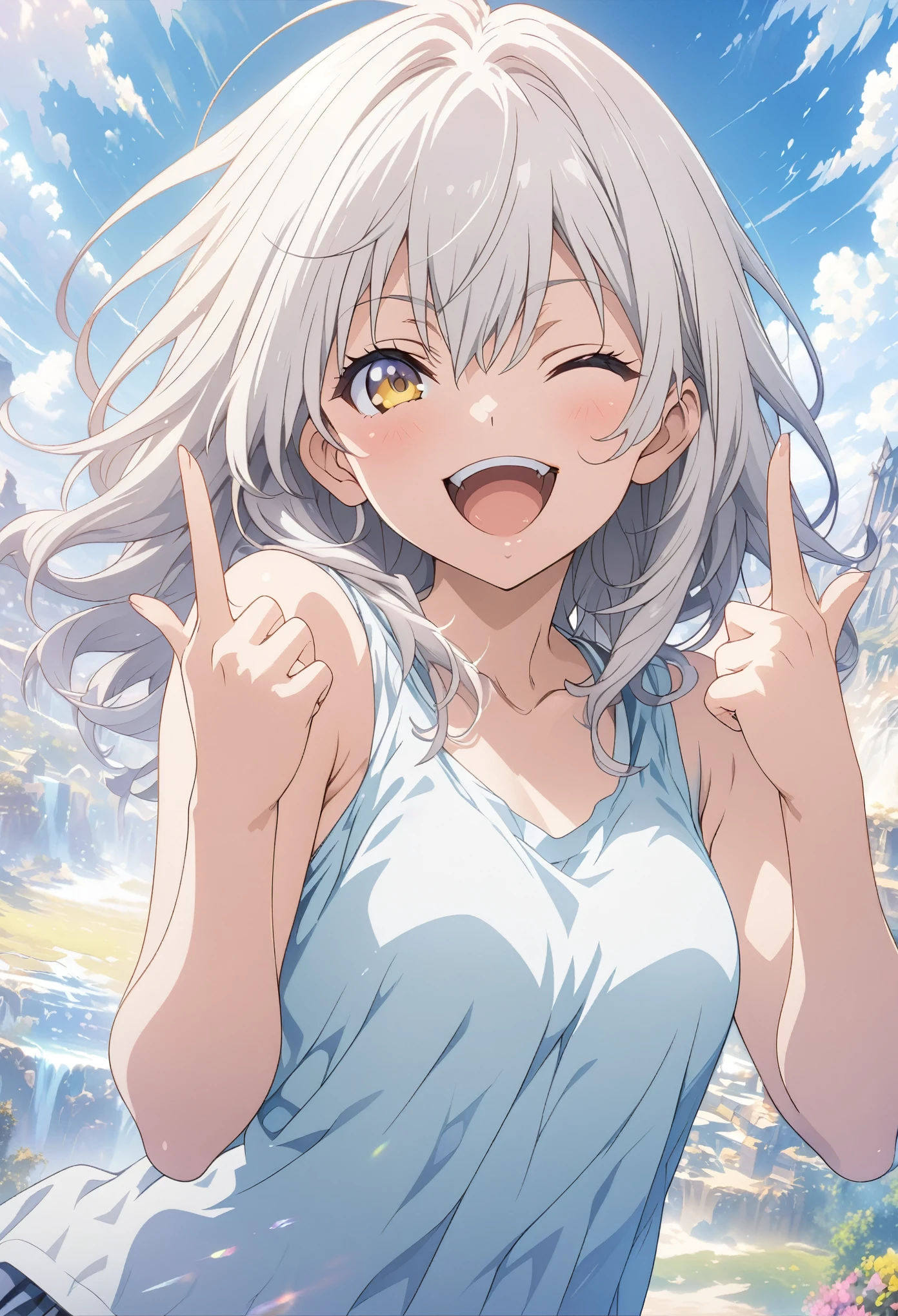 masterpiece, Highest quality, Highly detailed CG Unity 8k wallpaper, High School Girl Anime Illustration. Wear an oversized tank top、Doing the finger guns pose、she has her eyes closed and mouth open, smile. The background is a light pastel colored landscape., White hair color, Yellow Eyes