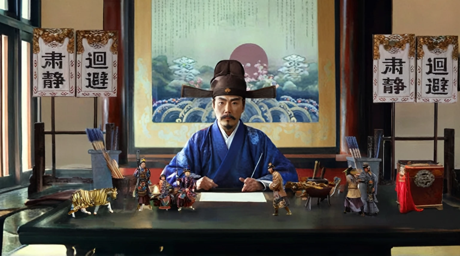 There was a man sitting at the table，Lots of toys around, inspired Emperor Xuande, from three kingdoms, Emperor Xuande, Korean Artist, Inspired by Wu Daozi, still from live action movie, feudal japan art, inspired by Fu Baoshi, Korean mythology, Live action scenes, Inspired by Zhang Sengyao