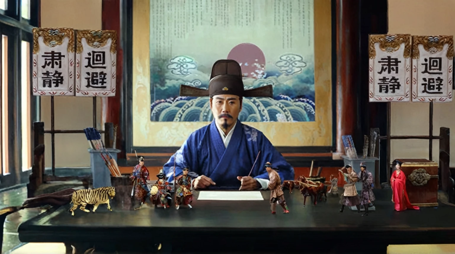 There was a man sitting at the table，Lots of toys around, inspired Emperor Xuande, from three kingdoms, Emperor Xuande, Korean Artist, Inspired by Wu Daozi, still from live action movie, feudal japan art, inspired by Fu Baoshi, Korean mythology, Live action scenes, Inspired by Zhang Sengyao