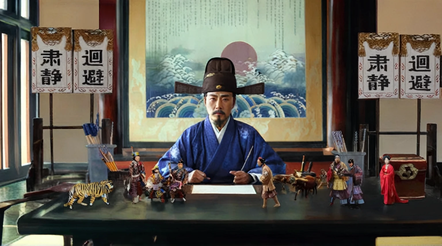 There was a man sitting at the table，Lots of toys around, inspired Emperor Xuande, from three kingdoms, Emperor Xuande, Korean Artist, Inspired by Wu Daozi, still from live action movie, feudal japan art, inspired by Fu Baoshi, Korean mythology, Live action scenes, Inspired by Zhang Sengyao