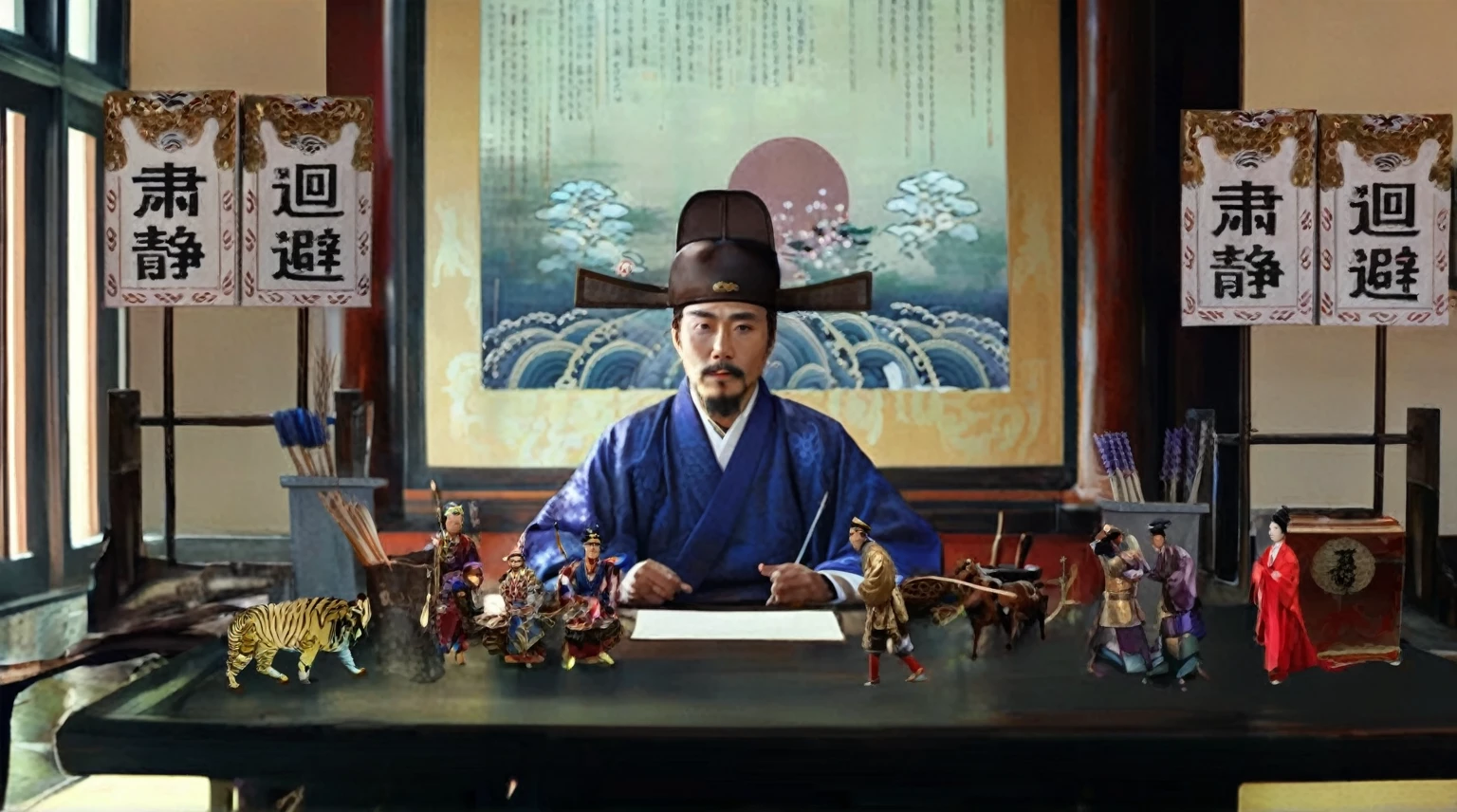 There was a man sitting at the table，Lots of toys around, inspired Emperor Xuande, from three kingdoms, Emperor Xuande, Korean Artist, Inspired by Wu Daozi, still from live action movie, feudal japan art, inspired by Fu Baoshi, Korean mythology, Live action scenes, Inspired by Zhang Sengyao