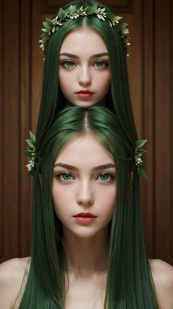 a girl. face sent feeling. Europe. Oval face. long face. delicate facial features. sad and shy eyes. seductively seductive. green eyes. long straight hair. green hair. wreath on head. Red lips. expression of harmony. straight face