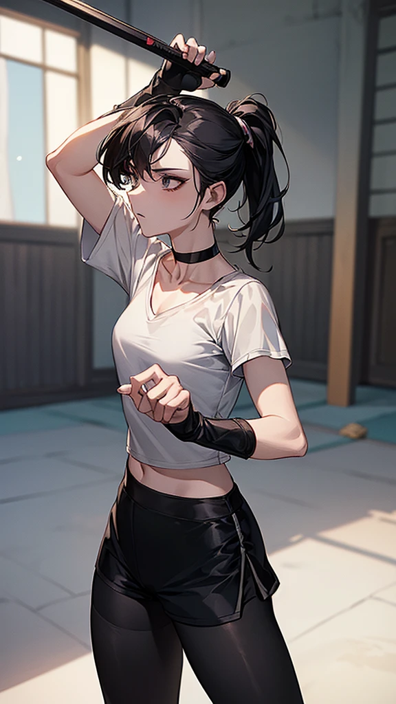 ((Highest quality)), ((masterpiece)), (detailed) {{{Slender female martial arts instructor}}} Shorts {{Décolletage}} {{White short-sleeved T-shirt with long length}} Mature Woman ((Combat Stance)) Long fingerless gloves Black tights {{Inside the dojo}} Black Hair Long-haired ponytail ((Leggings with integrated shorts)) clavicle choker
