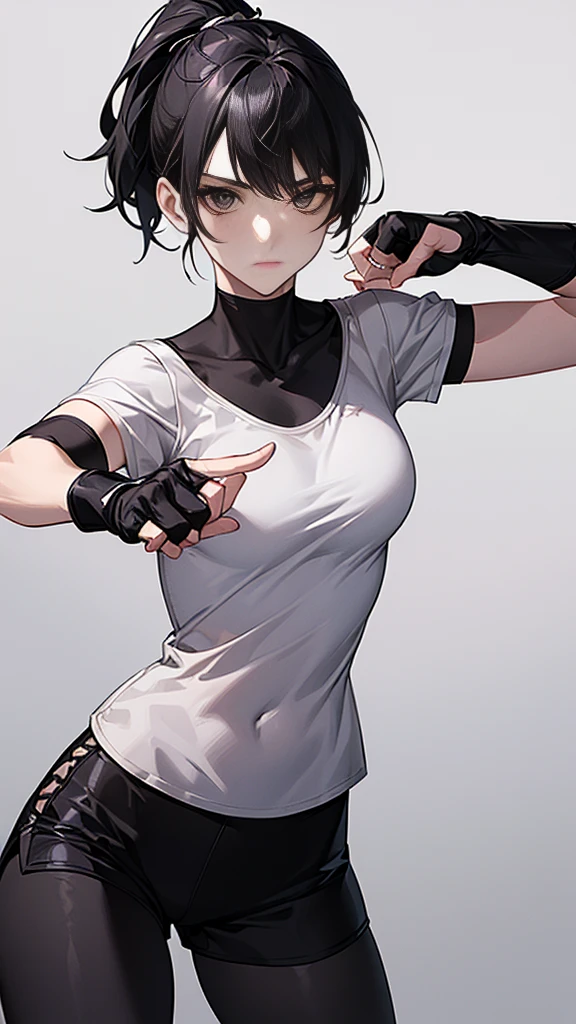 ((Highest quality)), ((masterpiece)), (detailed)　｛{{Slender female martial arts instructor}}｝　Shorts　{{Décolletage}}　{{White short-sleeved T-shirt with long length}}　Mature Woman　((Combat Stance))　Long fingerless gloves　Black tights　{{Inside the dojo}}　Black Hair　ponytail　((Leggings with integrated shorts))　clavicle　choker