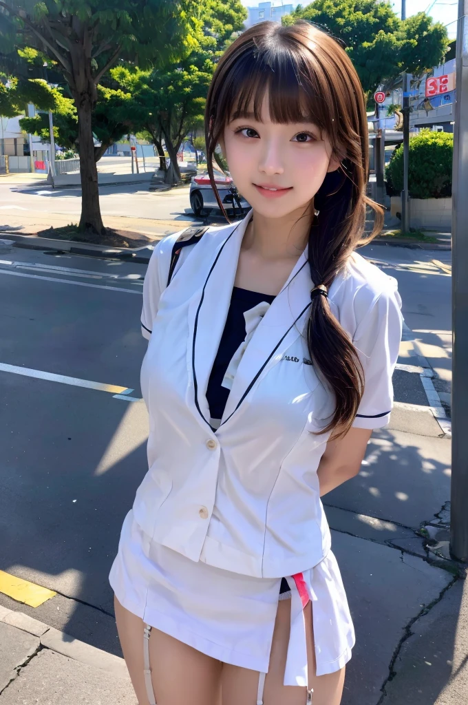 ((Best of the highest quality, 8k, Masterpiece: 1.3, raw photo)), Sharp focus: 1.2, (1 AESPA, slim body type female, 21 y/o: 1.1), (Solo: 1.2), (realistic, photo-realistic:1.37), face focus, cute face, finely eyes, (droopy eyes: 1.32), (Emphasize prominent aegyo-sal with bright: 1.2), shimmering eyeshadow applied under the lower lash line, paired with thick, voluminous mascara, (small breasts, flat chest, Thigh: 1.3), (wet hair, short messy, bangs, updo: 1.28), (wet body, wearing blazer and shirt of school uniform, panties: 1.32), (ribbon: 1.2), walking terrace dining, sun light, flower, arms up,