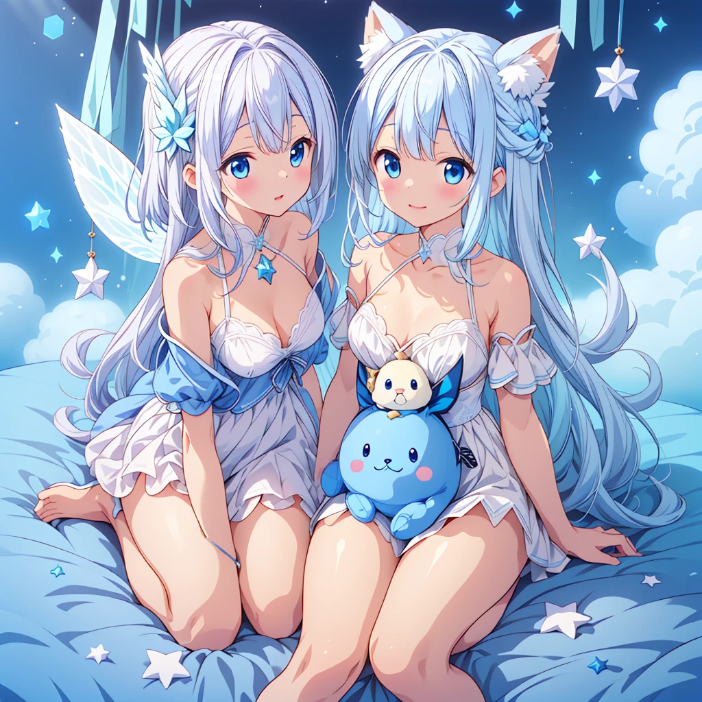 A cute white and blue fantasy creature、Star Fairy、stuffed toy、cg,stuffed toyにフォーカス、stuffed toy