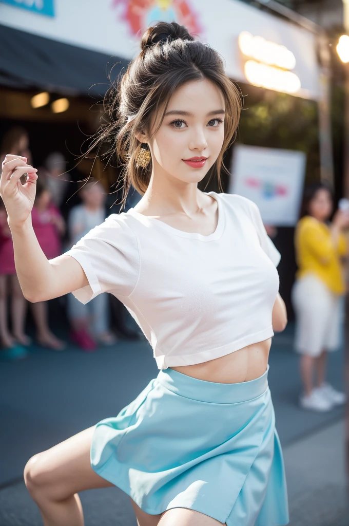 (((best quality))), (((ultra detailed))), (((masterpiece))), illustration,((a beautiful girl,solo)),(shoulder length straight hair:1.2),((slim,thin)),((small breasts,flat chest,claviclis,navel)),(blue short-sleeved white shirt:1.5),(blue mini-skirt:1.3),(slender legs:1.2),(sneakers:1.3),(standing:1.3),(on a stage:1.3),((outside a shopping mall, at the entrance of a beer promotional event)), ((surrounded by crowded crowds)),((her hair and the edges of her skirt fluttering in the air)), the girl's attire reflecting the vibrant spirit of summer, a sense of youthful charm and confidence exuding from her, her hair flows freely in the wind, the fluttering skirt accentuating her graceful movements, her expressive eyes and infectious smile drawing people closer, the stage adorned with colorful decorations, the vibrant atmosphere enhanced by the enthusiasm of the crowd, onlookers of various ages captivated by her performance, clapping, cheering, and taking photos, the girl's graceful dance transforming the ordinary streets into a vibrant and lively venue, her energy and charisma captivating the audience, the scene encapsulating the spirit of summer and the beauty of artistic expression,(night scene:1.3),(from front:1.3),(arms behind back:1.3),(full body:1.3)