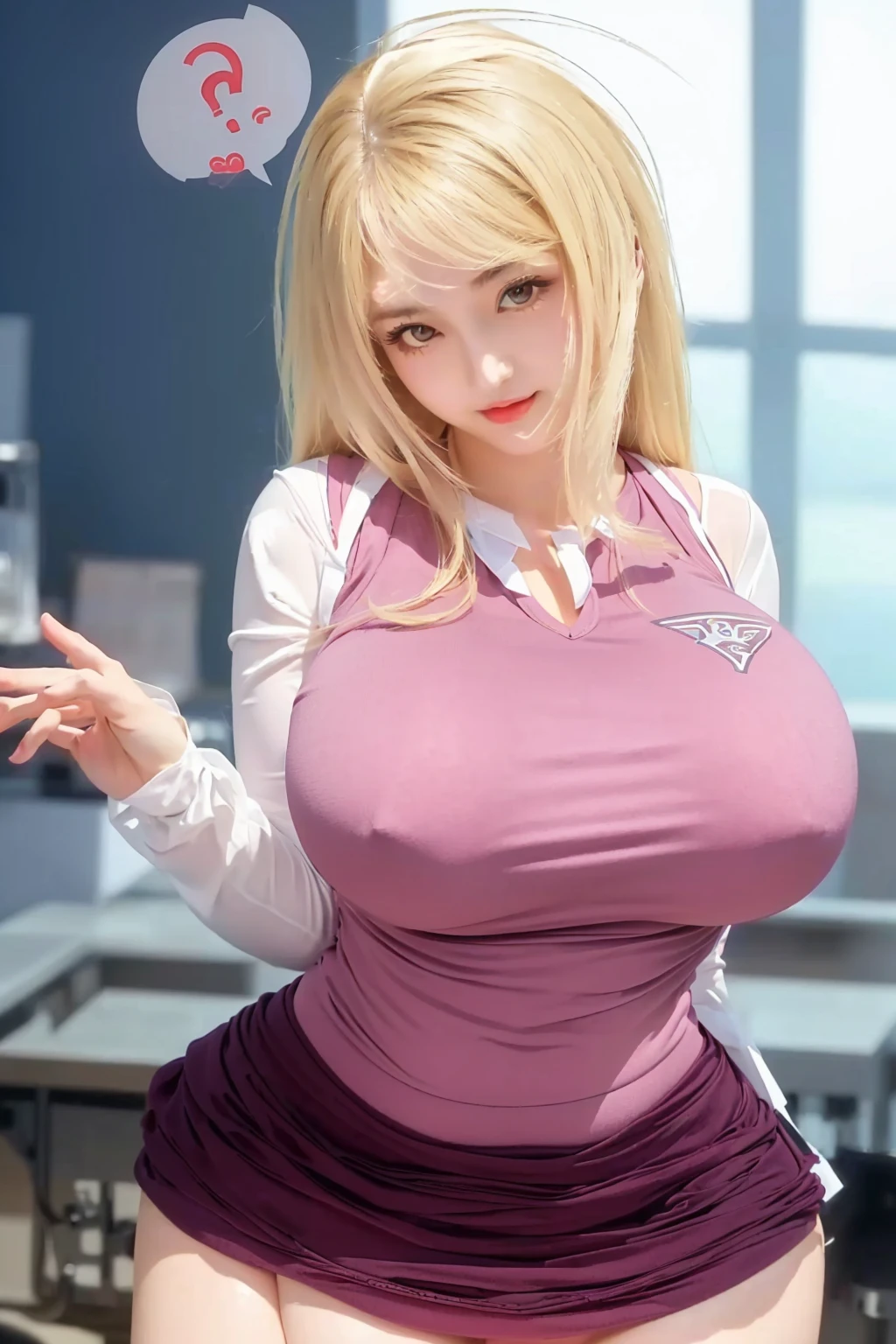 girl in a  with a question mark on her chest, realistic , oppai, big breasts!, hyperrealistic , with a large breasts, a hyperrealistic , (sfw) safe for work, big breasts!!, marin kitagawa fanart, seductive girl, with large breasts, sie boob, biomechanical oppai