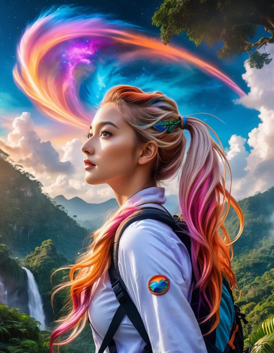 In a majestic jungle setting, a young girl with striking white, pink, and multicolored locks flows in the wind, her ponytail secured by a sparkly bow. She stands amidst vibrant, swirling clouds and a breathtakingly colorful sky, illuminated by a radiant orange and blue nebula. Her adventurer's attire and backpacker's gear blend seamlessly into the lush surroundings, as if she emerged from the very jungle itself. The 8K photorealistic rendering captures every intricate detail of her long, wavy hair and her enigmatic expression, inviting viewers to step into this masterpiece of a scene.