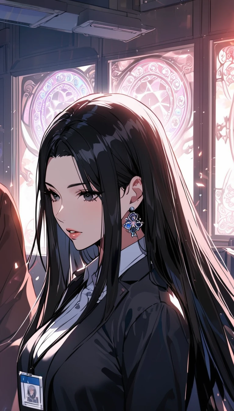 1woman,matured face,curtain hair forehead(long black hair),eyes,black eyes,teacher,teacher outfit, beautiful, colourful classroom background,standing attentive pose, neutral,stoic,wearing an ID card,earrings,juicy full lips,magic circle in the background, portrait , cinematic lighting,