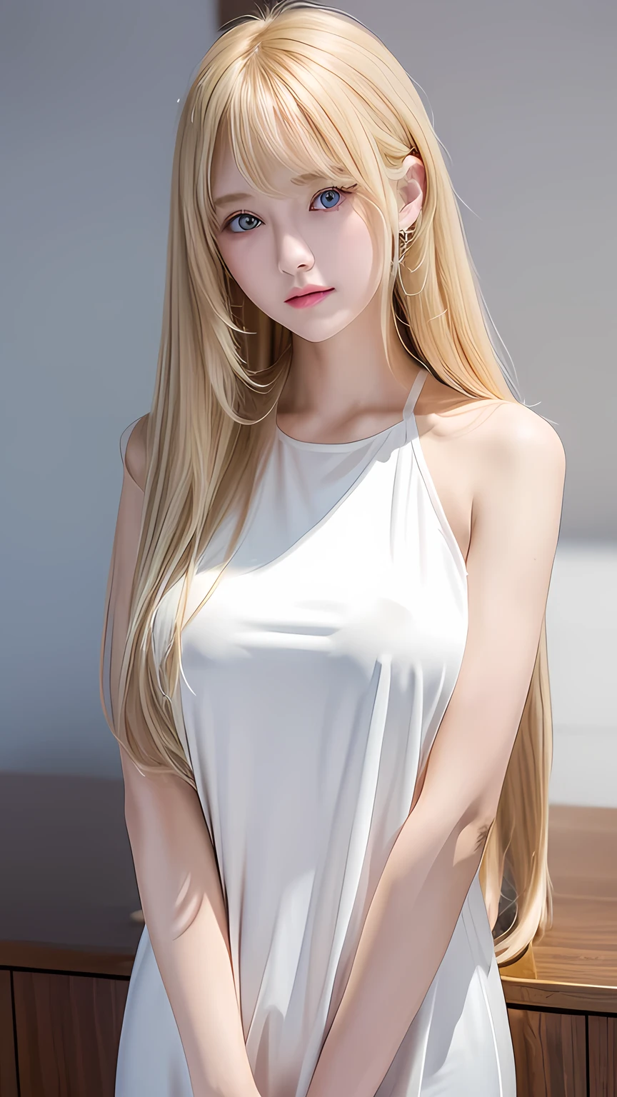 Beautiful super long straight silky hair with a dazzling golden shine、Bright expression、Blonde girl posing in a white top、Long golden bangs between the eyes,,、Glossy fair skin、Glowing Cheeks、Reality Girls、、Beautiful girl with shining golden platinum blonde、Beautiful big bright blue eyes