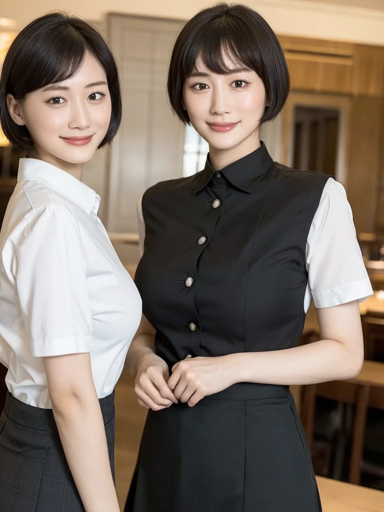 Highest quality、masterpiece、8k、Very detailed、Realistic、(One person:1.5)、Looking at me with a smile、whole body、Black Hair、Short Hair、Small face、Slender、(Very large breasts:1.2)、Thin and beautiful legs、narrow and constricted waist,、(Family Restaurant Uniforms:1.2)、A tight-fitting white shirt with buttons and a collar、A short, black, high-waisted skirt、(Nobody background)