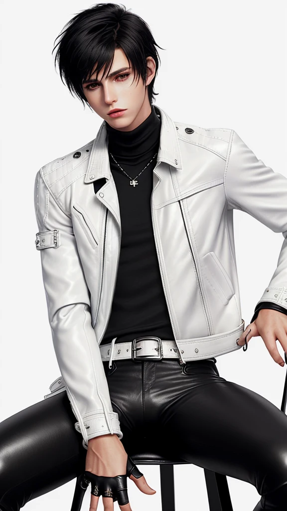 Final fantasy taste and reality graphics, Japanese young cute and cool ikemen boy, his age is early 20s, thin eyebrows and beady eyes, ((he wearing off white color leather thick material jacket)), ((jacket is singlebrest)), biker style jacket, with epaulet, jacket is long sleeve, ((must close the front of the leather jacket)), , ((voluminous leather jacket)), ,((must jacket is high length and stand-up collar)) ((jacket collar with two belts)), ((jacket is a little black color line pattern)),((close the front of the jacket)), ((also wearing black thick material turtleneck lackluster shirts)), ((tight black leather pants)), ((black leather tight and thin glove)), ((black leather knee-high raceup boots)),((must views head-to-toe)),((must views whole body)), ,((Do not show skin from the neck down)),leather jacket leather glove and leather pants have few wrinkles,boy sitting on a chair, Avoid showing your innerwear,zip up jacket fastner.
Boy touching owns private parts with right hand.
Bous face is expression of ecstasy.
Boy is black hair.boy looks like fashion model.