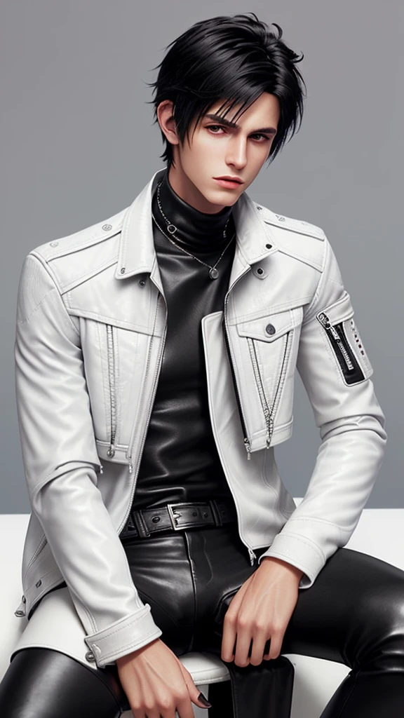 Final fantasy taste and reality graphics, Japanese young cute and cool ikemen boy, his age is early 20s, thin eyebrows and beady eyes, ((he wearing off white color leather thick material jacket)), ((jacket is singlebrest)), biker style jacket, with epaulet, jacket is long sleeve, ((must close the front of the leather jacket)), , ((voluminous leather jacket)), ,((must jacket is high length and stand-up collar)) ((jacket collar with two belts)), ((jacket is a little black color line pattern)),((close the front of the jacket)), ((also wearing black thick material turtleneck lackluster shirts)), ((tight black leather pants)), ((black leather tight and thin glove)), ((black leather knee-high raceup boots)),((must views head-to-toe)),((must views whole body)), ,((Do not show skin from the neck down)),leather jacket leather glove and leather pants have few wrinkles,boy sitting on a chair, Avoid showing your innerwear,zip up jacket fastner.
Boy touching owns private parts with right hand.
Bous face is expression of ecstasy.
Boy is black hair.boy looks like fashion model.