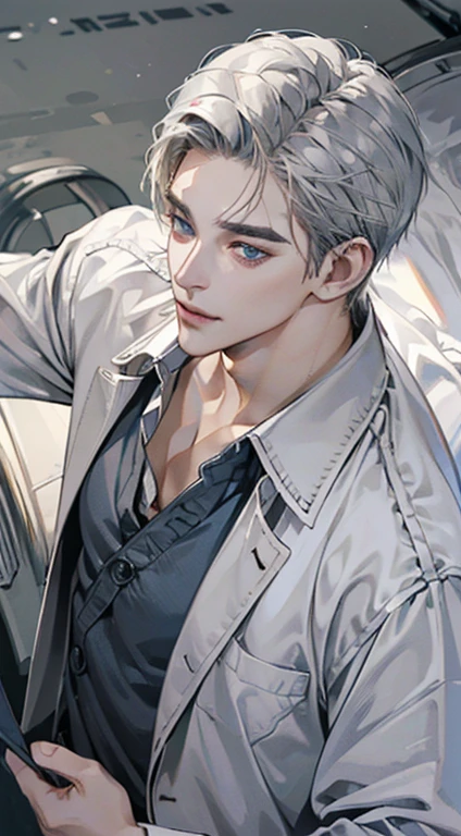(best quality, masterpiece, 8K, photorealistic, cinematic lighting, 1:4 hdr image, top view, ultra detailed, beautiful image), a mature man, very handsome, smile in love, short grey hair, blue eyes, perfect face without errors , ((buttoning his jacket, CEO))