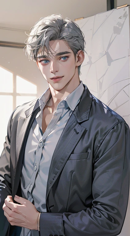 (best quality, masterpiece, 8K, photorealistic, cinematic lighting, 1:4 hdr image, top view, ultra detailed, beautiful image), a mature man, very handsome, smile in love, short grey hair, blue eyes, perfect face without errors , ((buttoning his jacket, CEO))