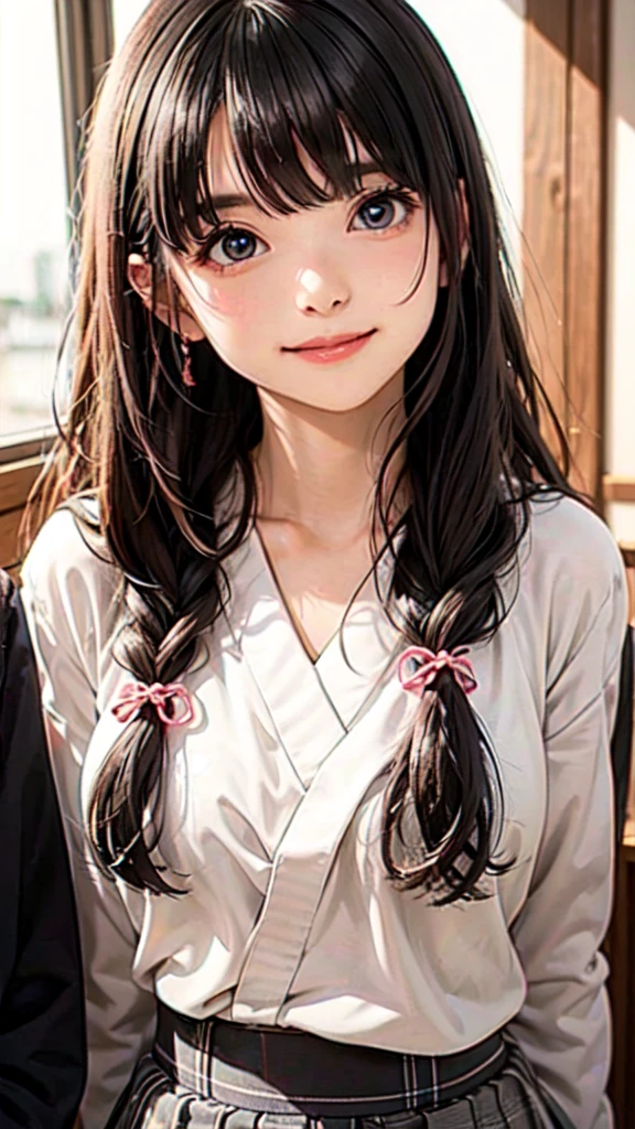 very cute and beautiful girl,(Highly detailed beautiful face),(((A very cute face like a top Japanese idol)))、White blouse,ribbon,(Pleated check mini skirt),
Black Hair,Wooden classroom,
(Highest quality,masterpiece:1.0),Absurd,High resolution,Highly detailed background,Long Hair、(((((Composition from the front)))))、Bright colors、(((smile)))、(((looking at the camera)))、(((upper body shot)))、Very beautiful big eyes like a famous Japanese idol