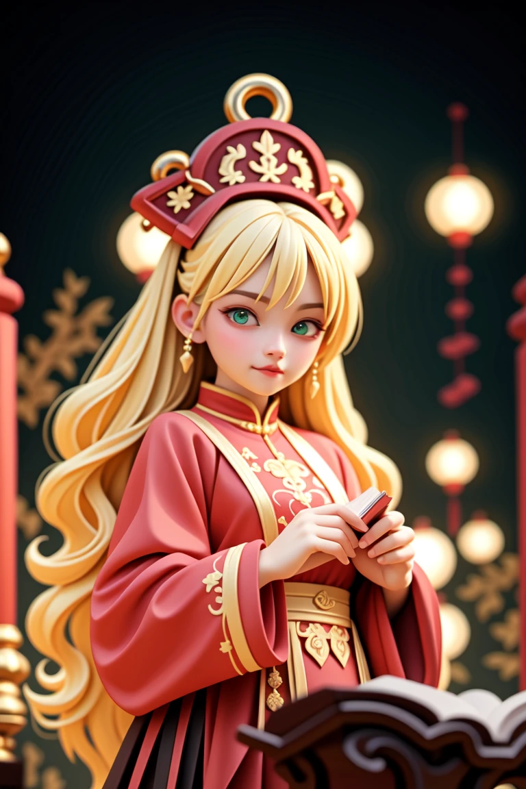 an epic colorful book cover of a 20th century young Blonde 20 year old Swedish witch, green eyes, transported in Tang Dynasty times in ancient China, European face, Tang dynasty clothes, wearing colorful red hanfu, neutral expression, holding a shining magic book, in a palace room, masterpiece, best quality, trending on artstation, intricate details, eerie magical atmosphere, sparkles, epic background, Chinese palace in the background