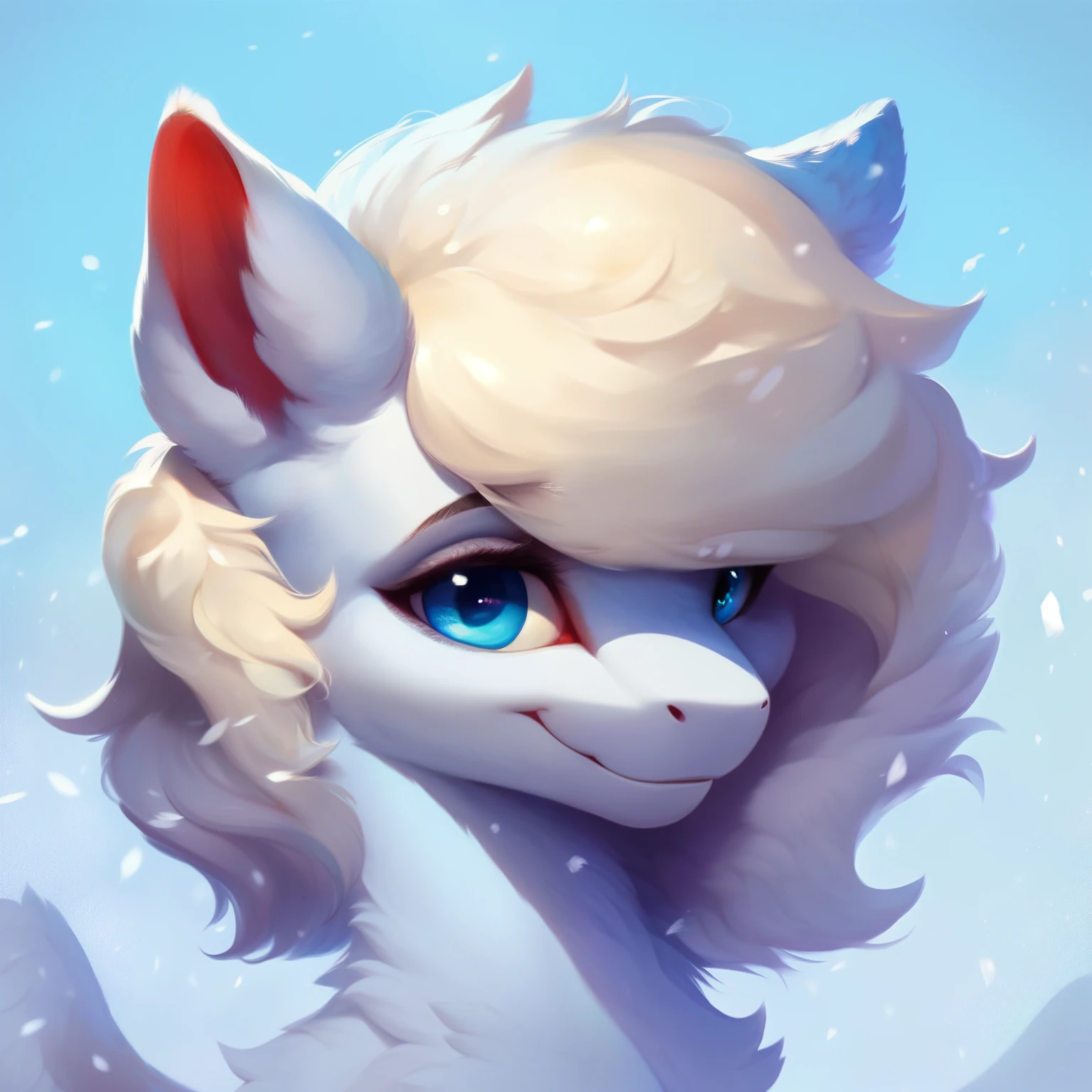 rating_safe, score_9, fluffy, feral pegasus pony,a male, has a very somewhat feminine face,very light blue white body, snow-white short mane, mane half covering eyes, gentle and clear light blue eyes, gentle smile
