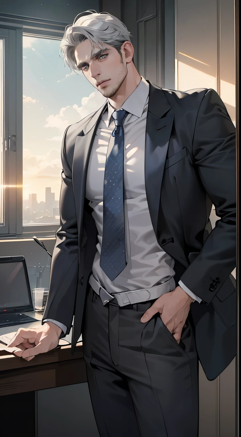 (best quality, masterpiece, 8K, photorealistic, cinematic lighting, hdr image, ultra detailed, beautiful image), 1 man, 31 years old, mature man, very handsome, (without expression, serious), short white hair, blue grey eyes ( penetrating gaze), perfect face without errors, imposing posture, without errors, businessman, office background