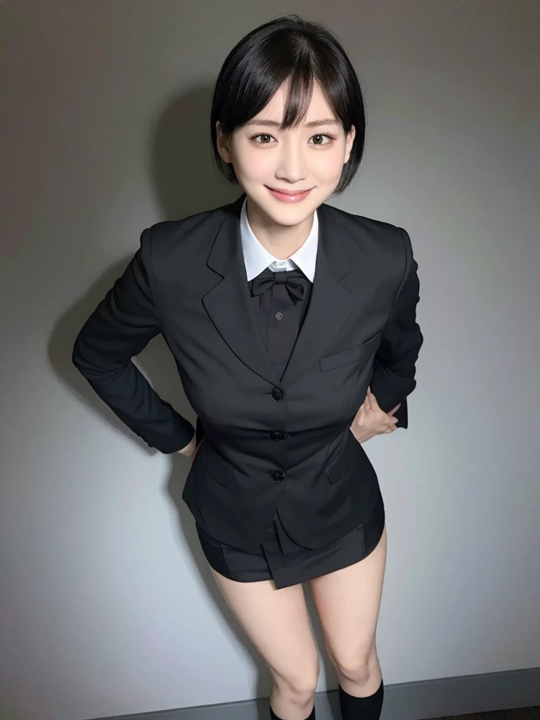 Highest quality、masterpiece、8k、Very detailed、Realistic、Looking at me with a smile、whole body、Black Hair、Short Hair、Small face、Slender、(Very large breasts:1.2)、Thin and beautiful legs、narrow and constricted waist,、(Tight reception uniform:1.2)、Black jacket、Black short tight skirt