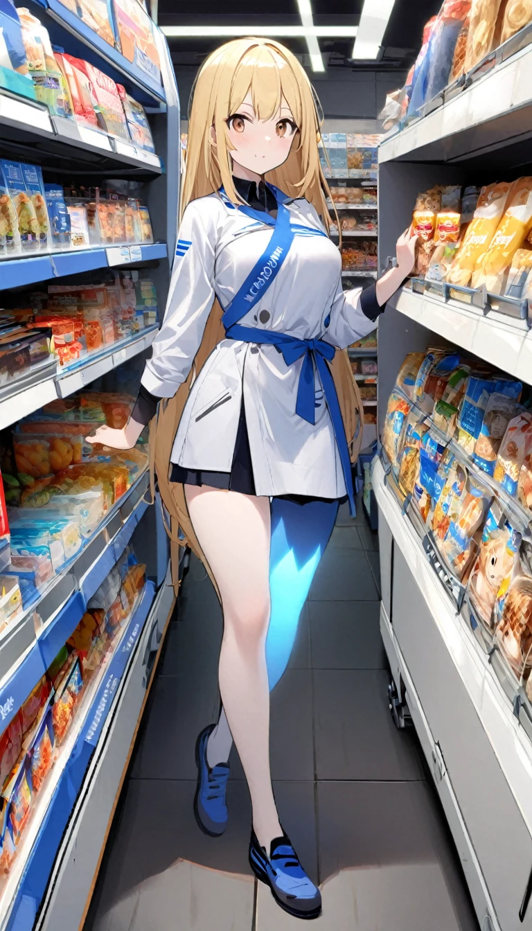 1 girl, Whole body image、 Gal、Brown eyes, Glowing Skin、Long blonde hair,, ((convenience storeの、Wearing Lawson&#39;s uniform))、Big Breasts, , Center View, High resolution, Ultra Sharp, 8k, masterpiece、convenience store、sweating、Grin、Navy blue pleated skirt、Pink panties、Panty shot、Angle from directly below