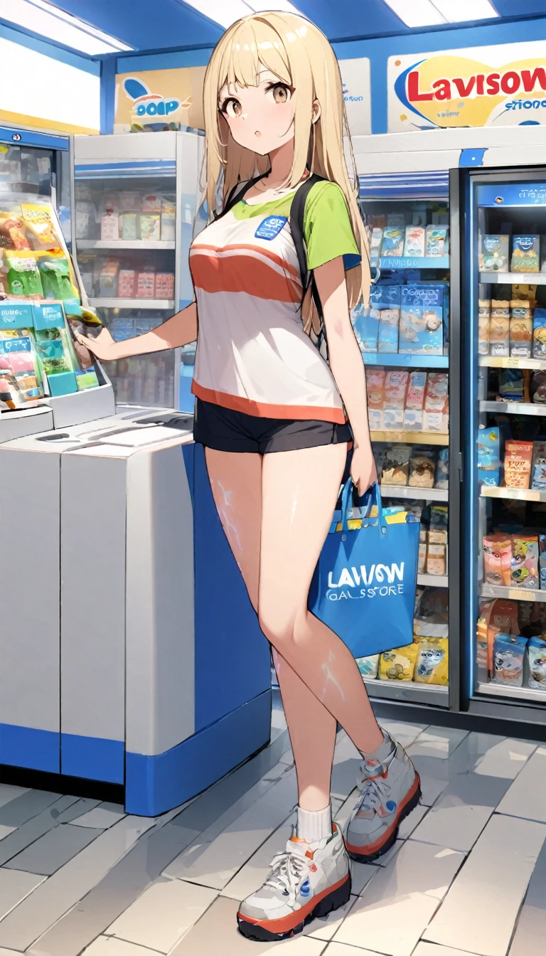 1 girl, Whole body image、 Gal、Brown eyes, Glowing Skin、Long blonde hair,, ((convenience storeの、Wearing Lawson&#39;s uniform))、Big Breasts, , Center View, High resolution, Ultra Sharp, 8k, masterpiece、convenience store、sweating、Grin、Navy blue pleated skirt、Pink panties、Panty shot、Angle from directly below