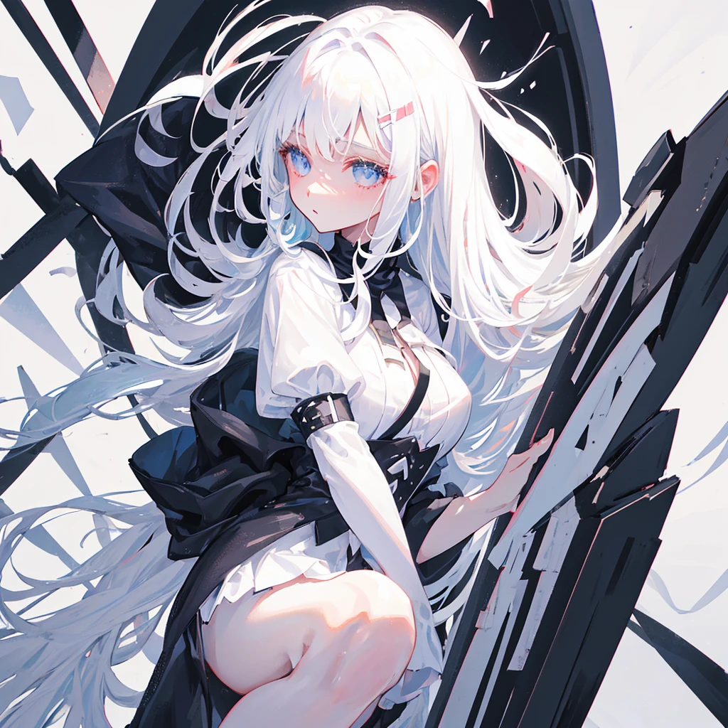 A beautiful woman，Hair half white and half black，Half white and half black，(Pure white background))