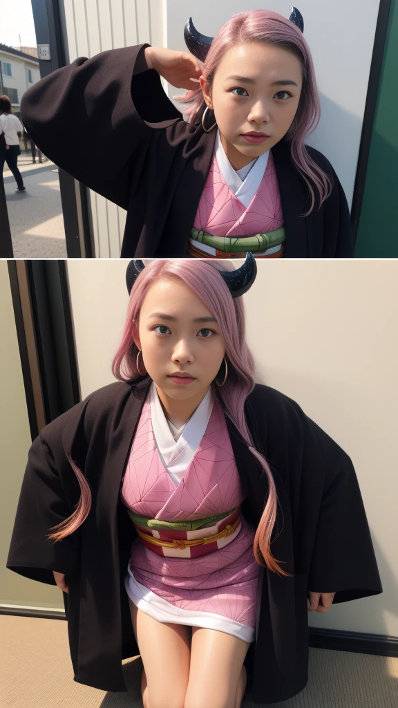 Cute Japanese woman, (), (Very cute face: 1.3), White and moisturized skin,
BREAK,
Fighter, Kung Fu fighter, Idol,
BREAK,
(Wearing cute kimono: 1.3), (Very revealing kimono), Very large earrings, Short length,
BREAK,
(Long hair), (Gray hair), (Wavy hair), (Gradient pink hair: 1.3), (Red hair at the ends),
BREAK,
(Realistic: 1.3), Masterpiece, Perfect lighting, (Ultra high resolution), (8K), (Very detailed: 1.4), (From the front), Looking at the camera, Melancholy expression, (Full body: 1.3),
BREAK,
(Japanese city streets: 1.2), (Great fire in the background),
BREAK,
(Demon Slayer: 1.4),
BREAK,
(Hellfire: 1.2), Demon,