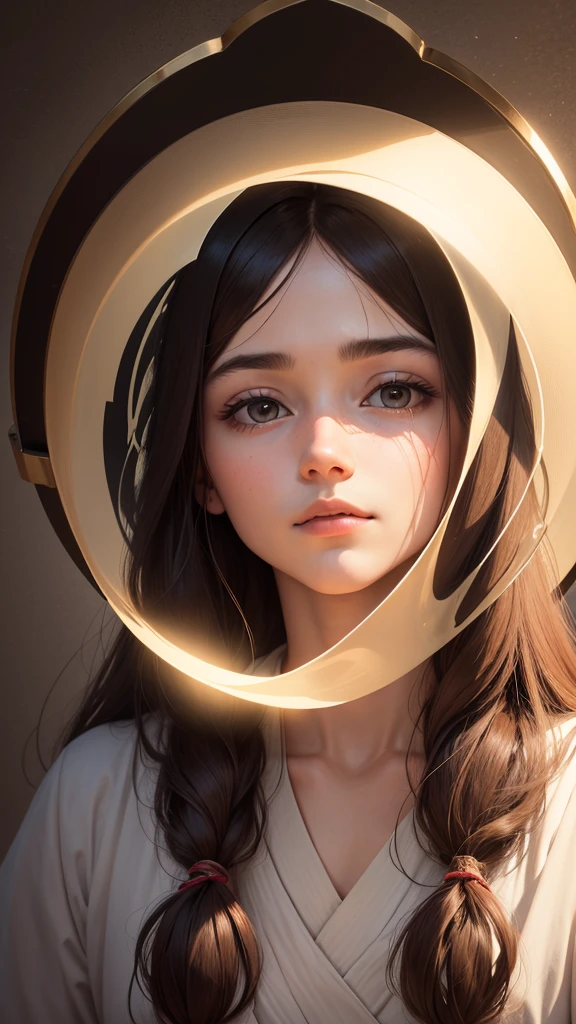 Round Mirror, made of clouds, celestial background, mirror reflects Great Central Sun and a figure of a beautiful hybrid girl, with a very unusual quirky features, like an extraterrestrial being, in the center of the reflection.