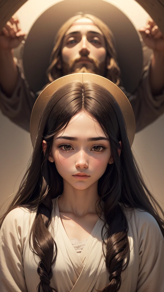 Help me create an image of Jesus Christ with a serene face before the sun
