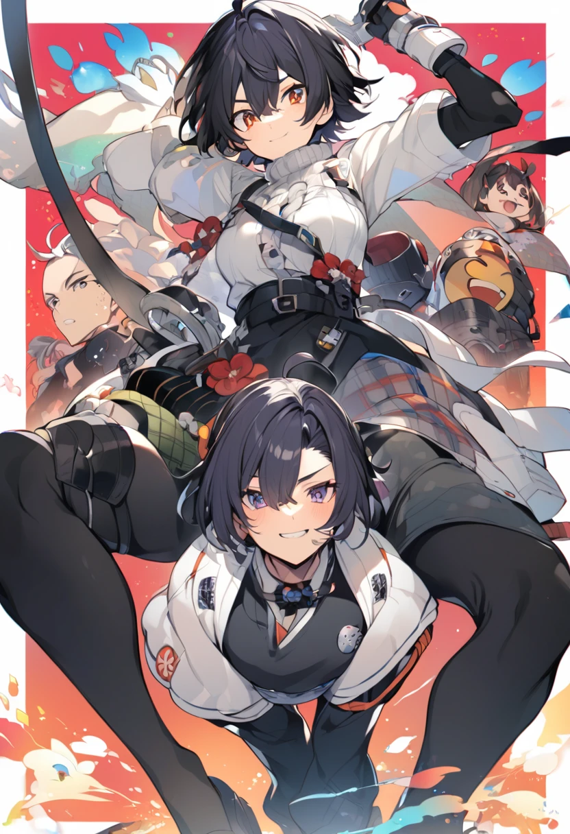1 girl, high quality, bob hair, black hair, forehead, green eyes, medium breasts, (white clothes),(straps on thighs:1.3), white background, high gloves, pantyhose, cameltoe, cat tail, cat ears, big nipples,(sweaty:1.3)