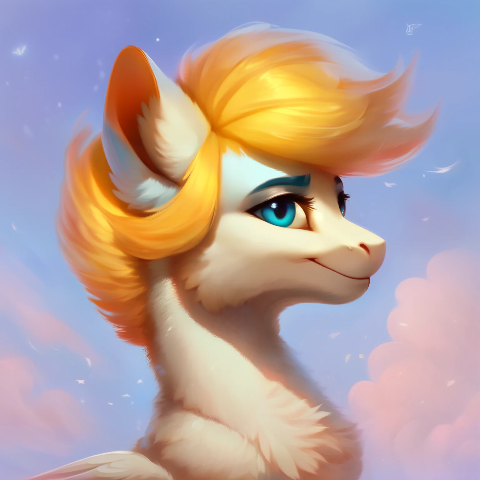 rating_safe, score_9, fluffy, feral pegasus pony,a male, has a very somewhat feminine face，very light blue white body, snow-white short mane, gentle and clear light blue eyes, gentle smile