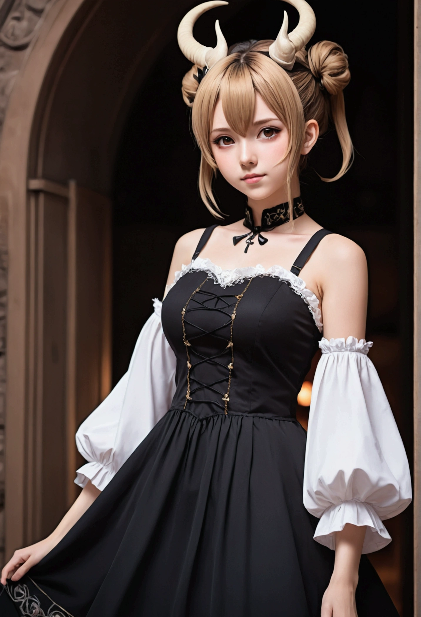 Anime girl with horns and a dress with a skull, ((Light brown bun hair))(dress , gothic maiden anime girl girl, cute anime waifu in a beautiful dress, anime moe art style, anime girl girl wearing a black dress, nightcore, (anime girl girl), 4K anime-style,  curvilinear, high quality anime art style, anime girl girls, demon  animes