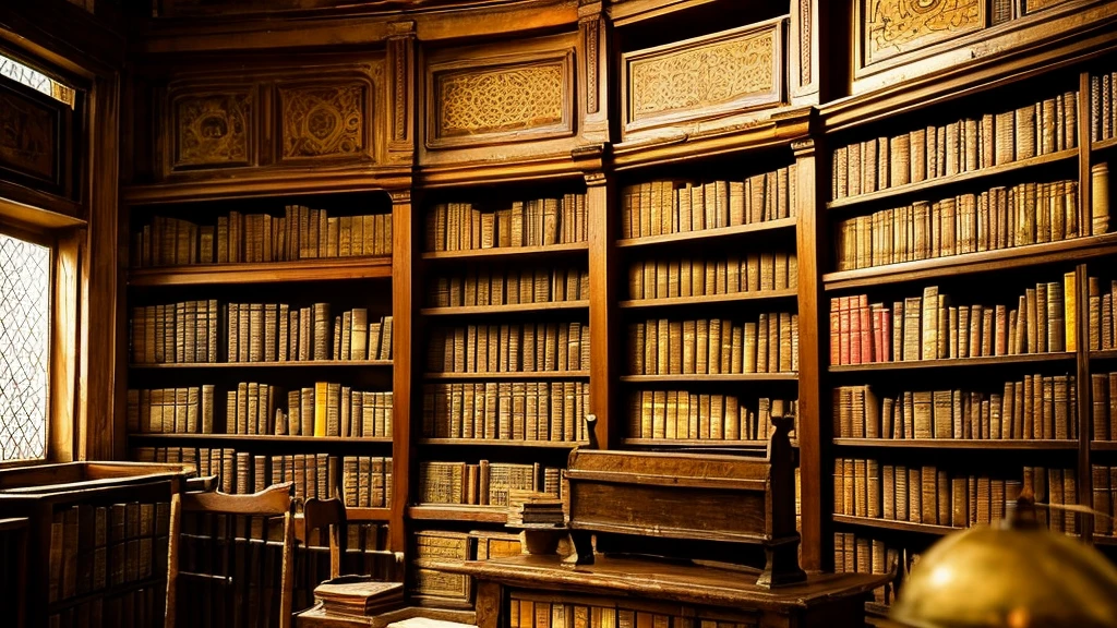 Create an image of a forgotten corner of the ancient library, where the air smelled of parchment and secrets, there rested an old, open, leather Bible. Its pages, yellowed with time, whispered tales of forgotten civilizations, lost magic, and the wisdom of ages. Include an ornate wooden bookshelf nearby. Add a forgotten corner of the ancient library