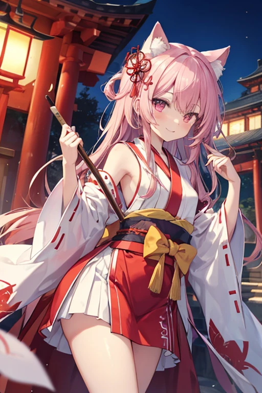 Pink Hair,Pink Eyes,Cat ears,girl,Girl,Small breasts,Long Hair,straight,Lolita,Small breasts,Bright smile,Looks like 13 years old,Petan Musume,short,目のhighlight,Sexy thighs,,Please show me your armpits,Red shrine maiden outfit,Red Shrine Maiden Cosplay,Your eyes are so beautiful,highlight,とても美しいhighlight,Shrine Background,With a stick in one hand