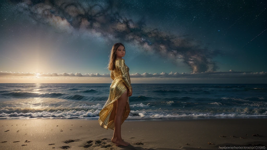 Portrait-focused image of a woman standing on a beach next to the ocean, with the Milky Way galaxy in the background. Trending digital fantasy art featuring a golden sacred tree with glowing outlines. Realistic face and body hybrid, gently caressing the Earth. A beautiful artist rendering, reflecting awakening, beside the sea.