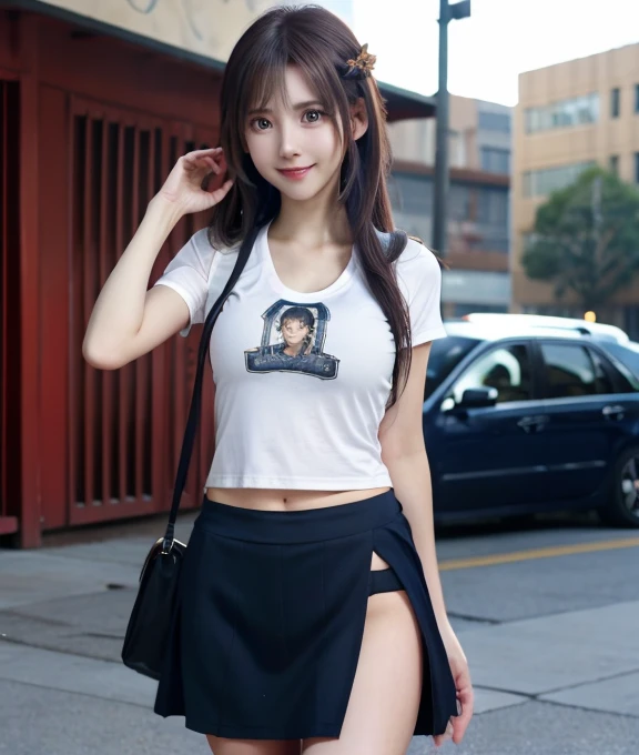 Please draw a full body of a woman.。Smooth skin、RAW images、High definition、High resolution、high resolution、Full Body、Toes、Perfect fingertips、Perfect legs先、Perfect legs、Perfect Face、Detailed face、smile、Embarrassed、Navy city clothes、Standing pose、Similar to Asuna from Sword Art Online、T-shirt and flared skirt、