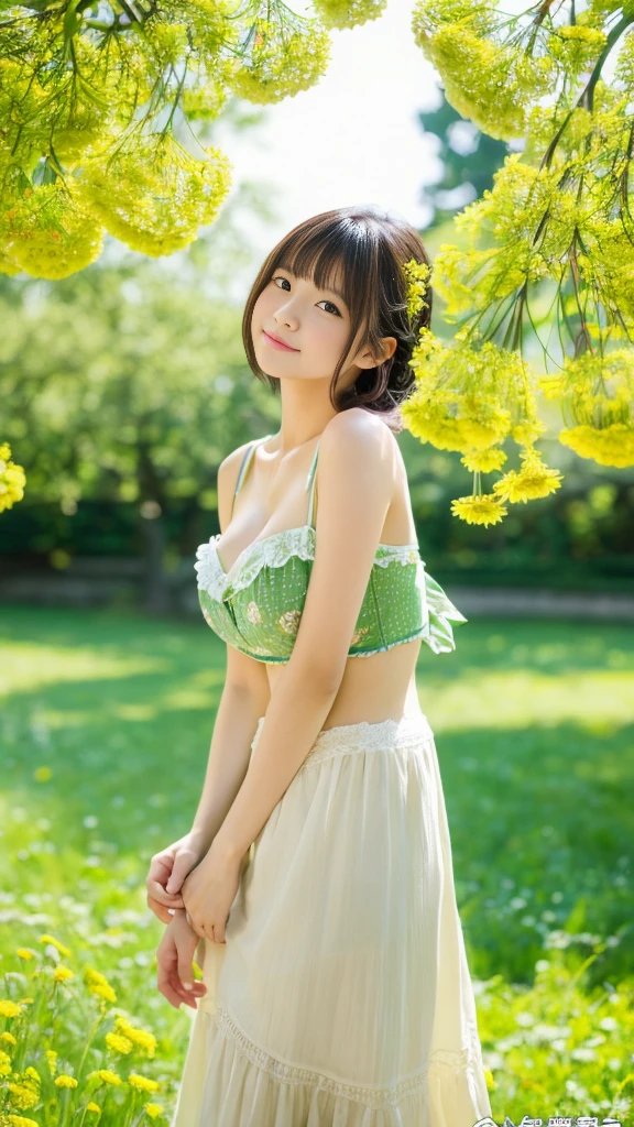 (Best Quality,8ｋ,Absolutely beautiful:1.2)、(cute Japanese girls:1.8、Perfect gravure idol),(Big Tits),With dandelions、Green world、spring breeze、