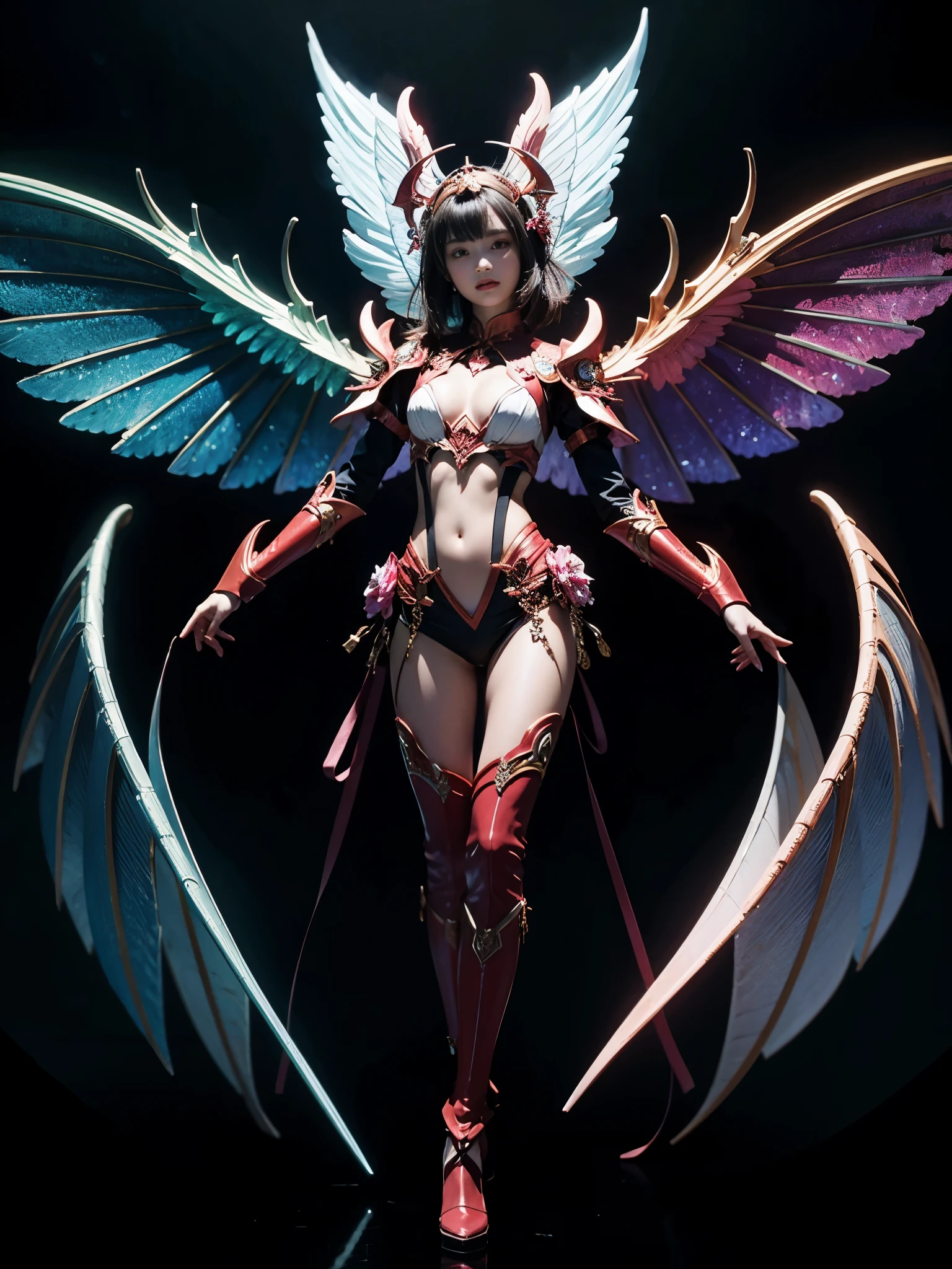 1girl, Armor, Wings, beautiful dragon, futuristic evolved Nekomata, (Neon glowing body), 2 tails, holographic, (The wings are symmetrically paired;1.5), Tricolor color body

