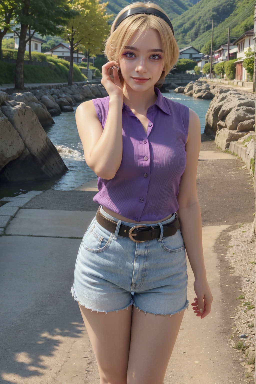 1 woman, adult woman, woman in her 30s, tarankaaa, NOT DASHA TARAN, full body standing, perfect body, best quality, 32k, photograph, full body (head to toe), tone mapping, ((houjou satoko,short hair,black hairband,blonde hair,violet eyes,hair between eyes,collared shirt,sleeveless shirt,pink shirt,shirt tucked in,mid sized breasts,belt,short shorts,blue shorts,white socks,pink footwear, athletic, big woman)), asian-european, ((golden blonde hair, short hair, purple eyes)) perfectly drawn hands, ((masterpiece)), ((highres)), ((detailed background)), japanese village background, next to a river, (big proportions), cute pose, beautiful smile, ((perfect eyes, detailed eyes, realistic eyes)), ((sharp face, detailed face, realistic face, natural skin, realistic skin, detailed skin, pores)), (real wider legs, truly wider arms)