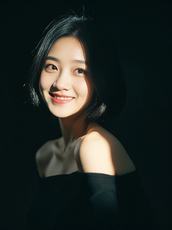 best quality, masterpiece, ultra high resolution, (lifelike:1.5), original photo, 1 girl, Off the shoulders, in the darkness, deep shadow, low profile, cold light, sexy look, short hair, big breasts, black clothes, full-body shot, charming smile
