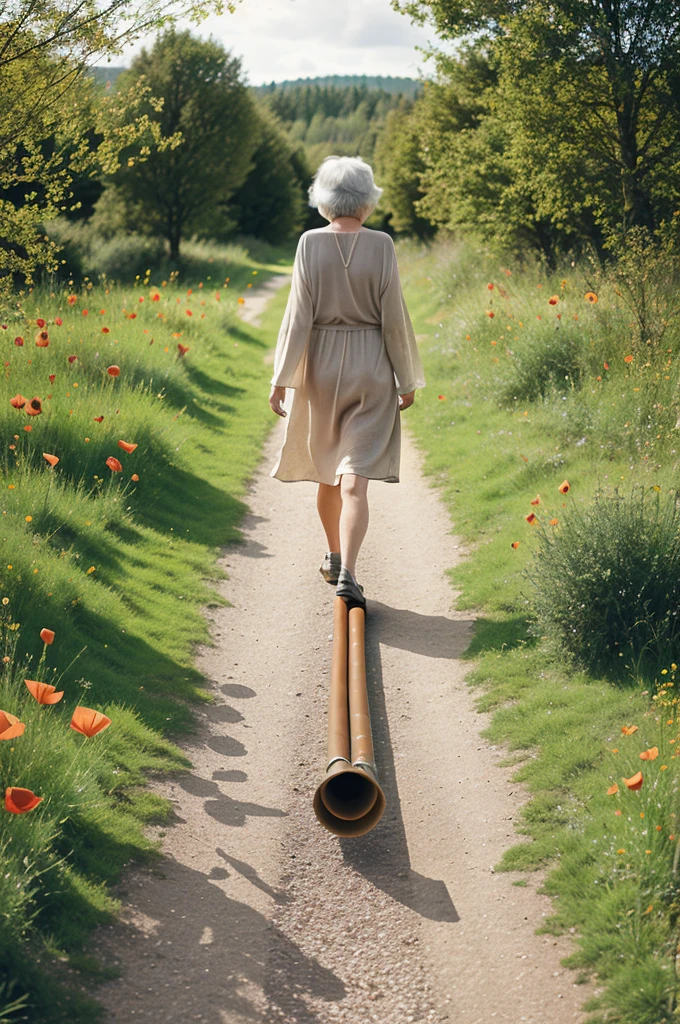 60 year old woman,happy, through the long pipe, with baggy yellow loose dress, fescalza, walking on a poppy path, with rustic cabins, stone bridge and sunny atmosphere 