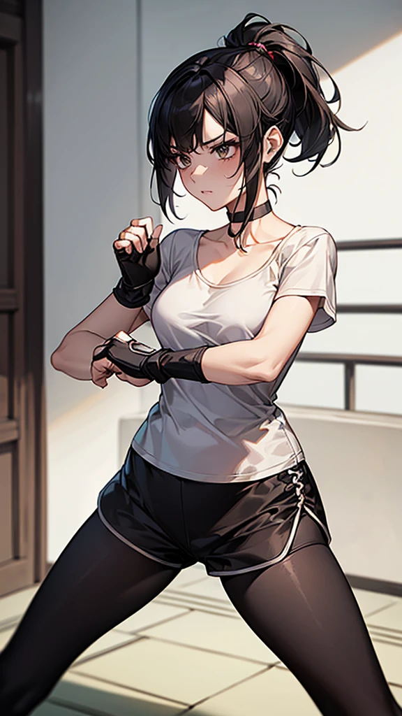 ((Highest quality)), ((masterpiece)), (detailed) {{{Slender female martial arts instructor}}} Shorts {{Décolletage}} White short sleeve T-shirt Mature Woman ((Combat Stance)) Long fingerless gloves Black tights {{Inside the dojo}} Black Hair ponytail ((Leggings with integrated shorts)) clavicle choker