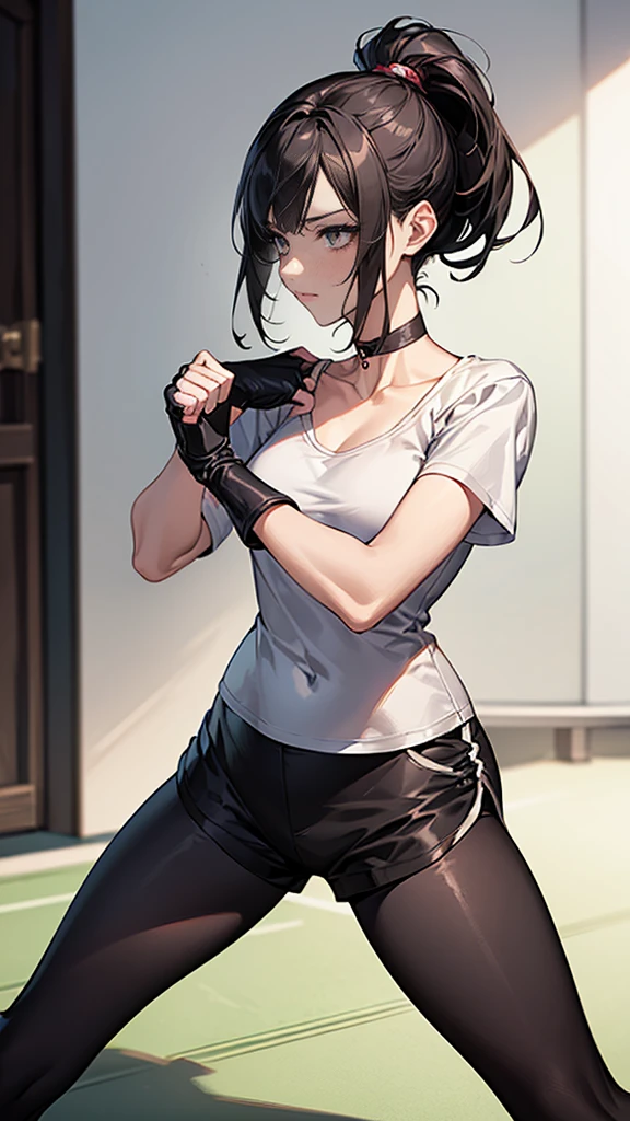 ((Highest quality)), ((masterpiece)), (detailed) {{{Slender female martial arts instructor}}} Shorts {{Décolletage}} {{White short-sleeved T-shirt with long length}} Mature Woman ((Combat Stance)) Long fingerless gloves Black tights {{Inside the dojo}} Black Hair ponytail ((Leggings with integrated shorts)) clavicle choker